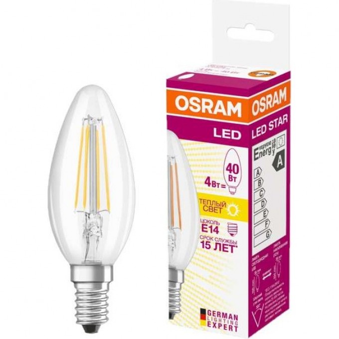 Лампа светодиодная филаментная LED OSRAM STAR CLASSIC B 40 4W/827 2700К E14 470лм 220-240В 4058075068353