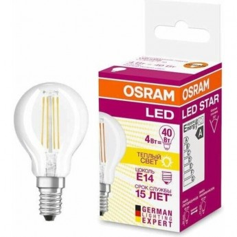 Лампа светодиодная филаментная LED OSRAM STAR CLASSIC P 40 4W/827 2700К E14 470лм 220-240В