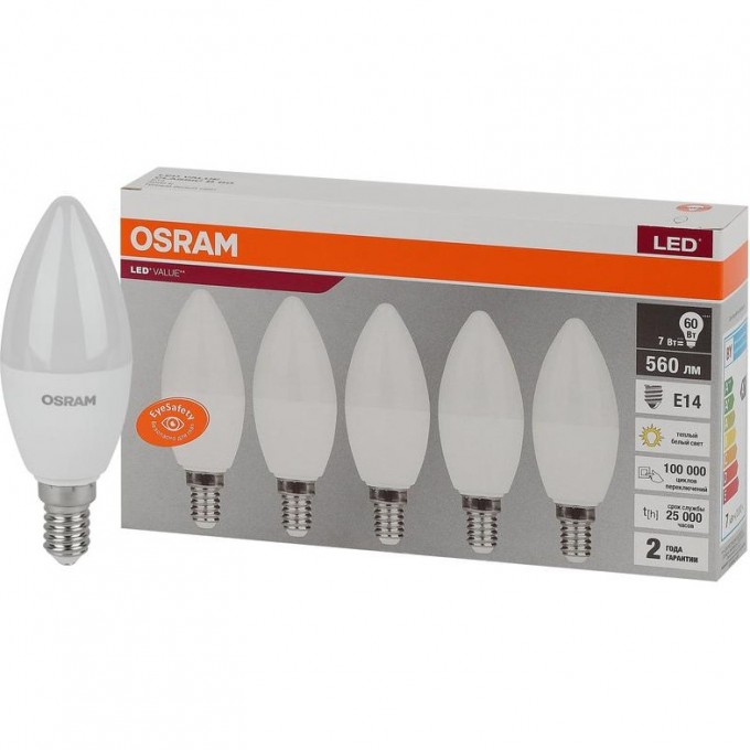 Лампа светодиодная LED OSRAM VALUE LVCLB60 7SW/830 7Вт E14 230В 2х5 RU (уп.5шт) 4058075577923