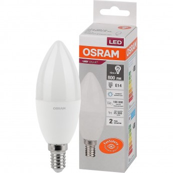 Лампа светодиодная OSRAM LED 10 Вт E14 6500К 800Лм свеча 220 В (замена 75Вт)