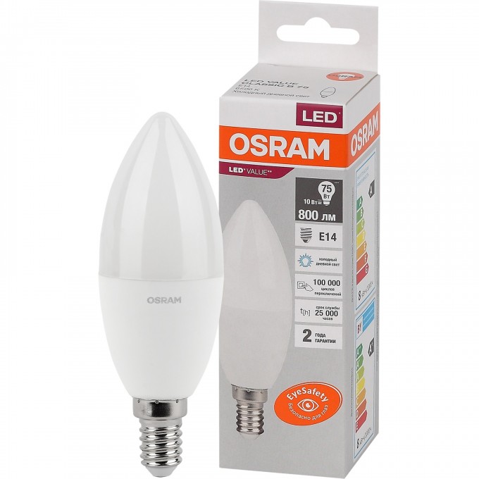 Лампа светодиодная OSRAM LED 10 Вт E14 6500К 800Лм свеча 220 В (замена 75Вт) 4058075579262