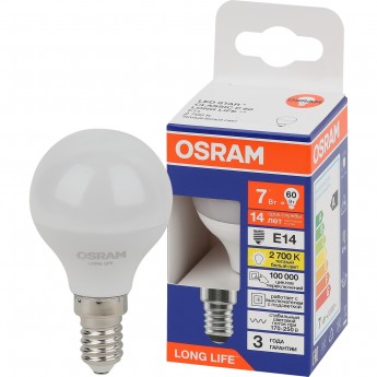 Лампа светодиодная OSRAM LED 7Вт Е14 2700К 600Лм шар 220В