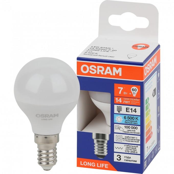 Лампа светодиодная OSRAM LED 7Вт Е14 6500К 600Лм шар 220В 4099854186486
