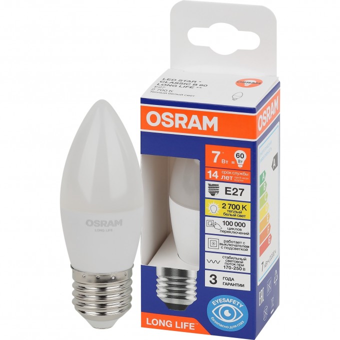 Лампа светодиодная OSRAM LED 7Вт Е27 2700К 600Лм свеча 220В 4099854186332