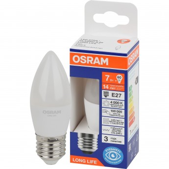 Лампа светодиодная OSRAM LED 7Вт Е27 4000К 600Лм свеча 220В