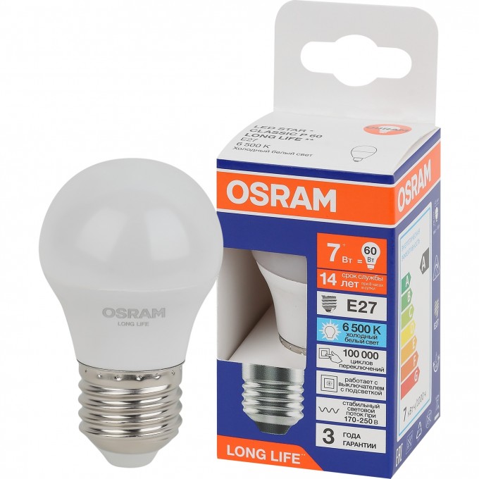 Лампа светодиодная OSRAM LED 7Вт Е27 6500К 600Лм шар 220В 4099854186578