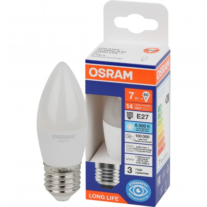 Лампа светодиодная OSRAM LED 7Вт Е27 6500К 600Лм свеча 220В 4099854186394