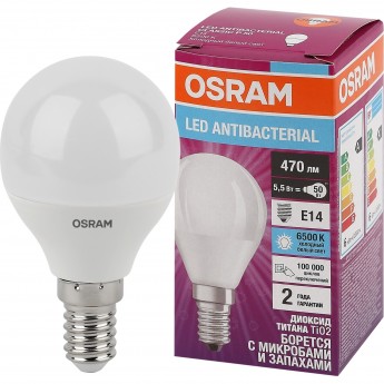 Лампа светодиодная OSRAM LED Antibacterial шарообразная 5,5Вт (замена 50 Вт), 470Лм, 6500 К, цоколь E14