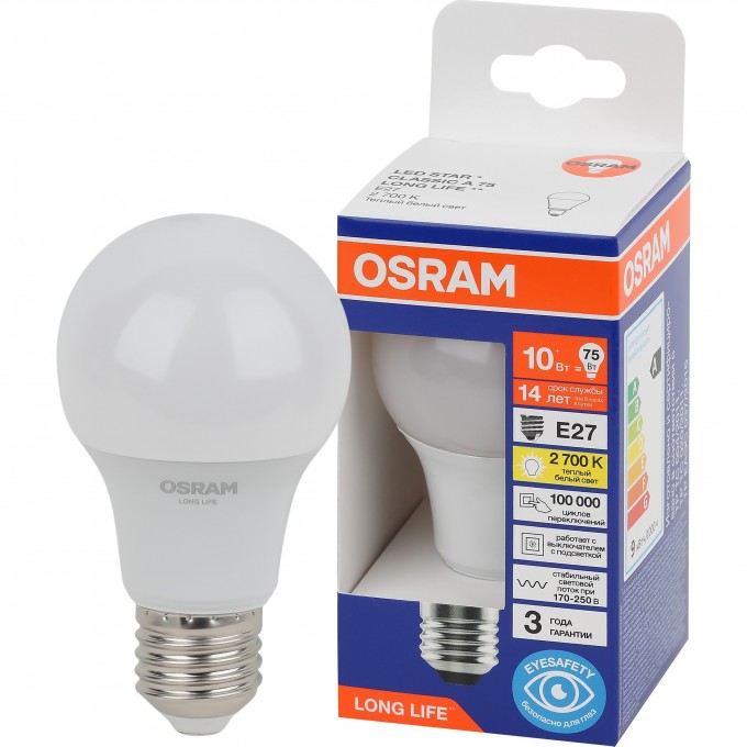 Лампа светодиодная OSRAM LONG LIFE LED 10Вт Е27 2700К 806Лм груша 220В (замена 75Вт) 4099854185977