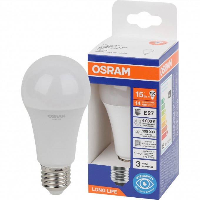 Лампа светодиодная OSRAM LONG LIFE LED 15Вт Е27 4000К 1521Лм груша 220В (замена 150Вт) 4099854186189