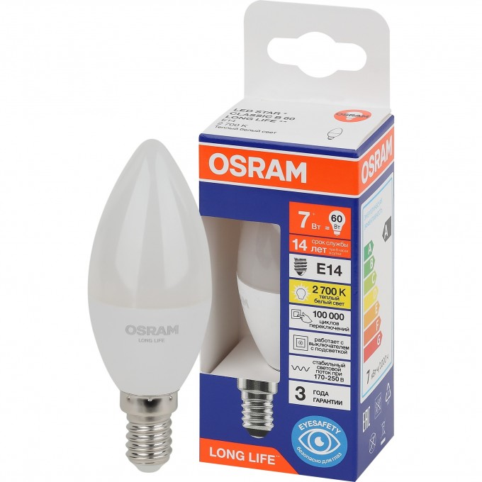 Лампа светодиодная OSRAM LONG LIFE LED 7Вт Е14 2700К 600Лм свеча 220В (замена 60Вт) 4099854186240