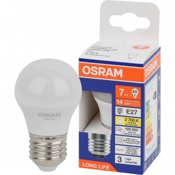 Лампа светодиодная OSRAM LONG LIFE LED 7Вт Е27 2700К 600Лм шар 220В (замена 60Вт)